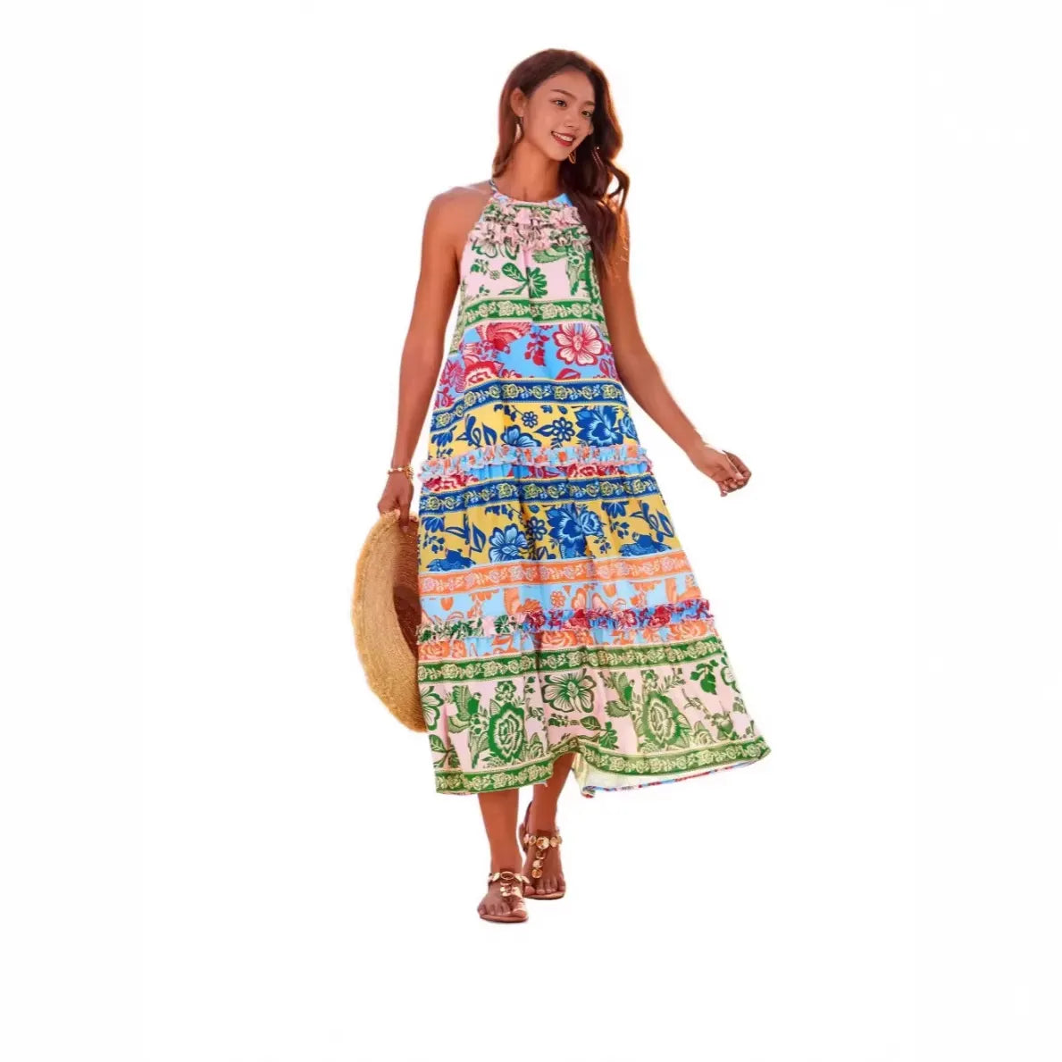 Boho Print Halter Neck Sleeveless Tiered Maxi Dress