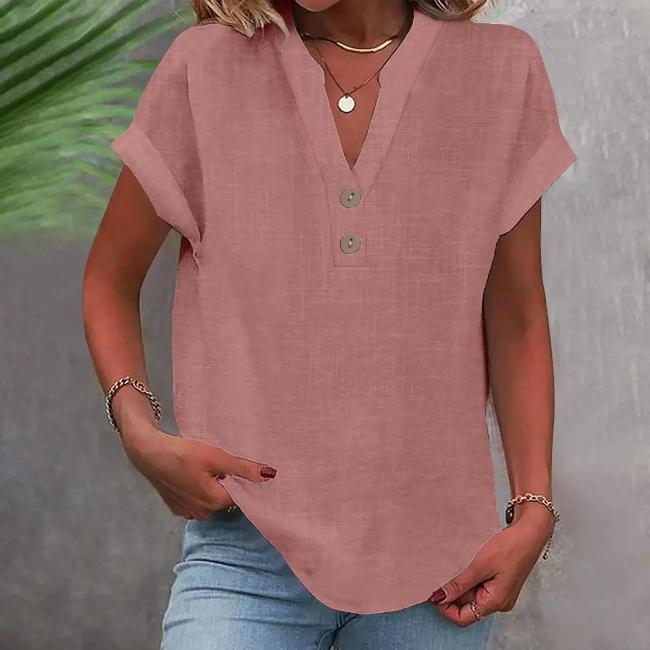 Notched V Neck Cuffed Short Sleeve Loose Cotton Linen Blouse