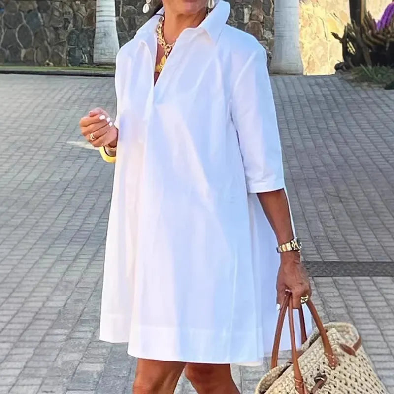 Solid Color V-Neck Collar Loose A-Line Casual Shirt Dress