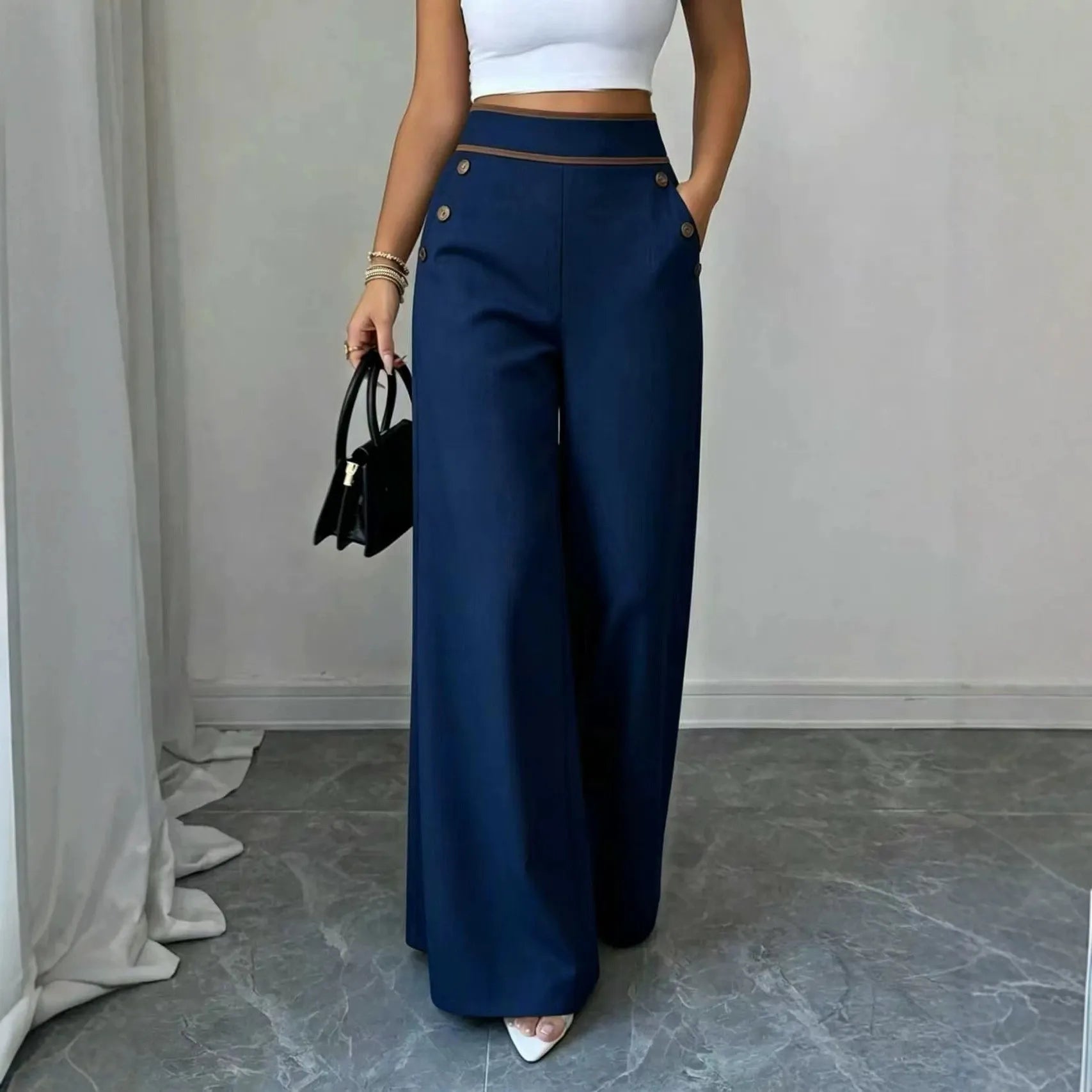 High Waist Button Decor Wide Leg Suit Pants
