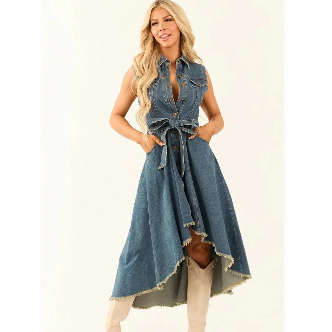 Lapel Sleeveless Single Breasted Belted Irregular Fringe Hem Denim Midi Dress