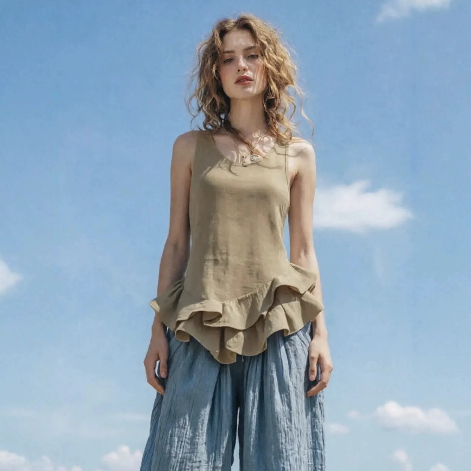 U-Neck Sleeveless Ruffle Hem Cotton Linen Tank Top