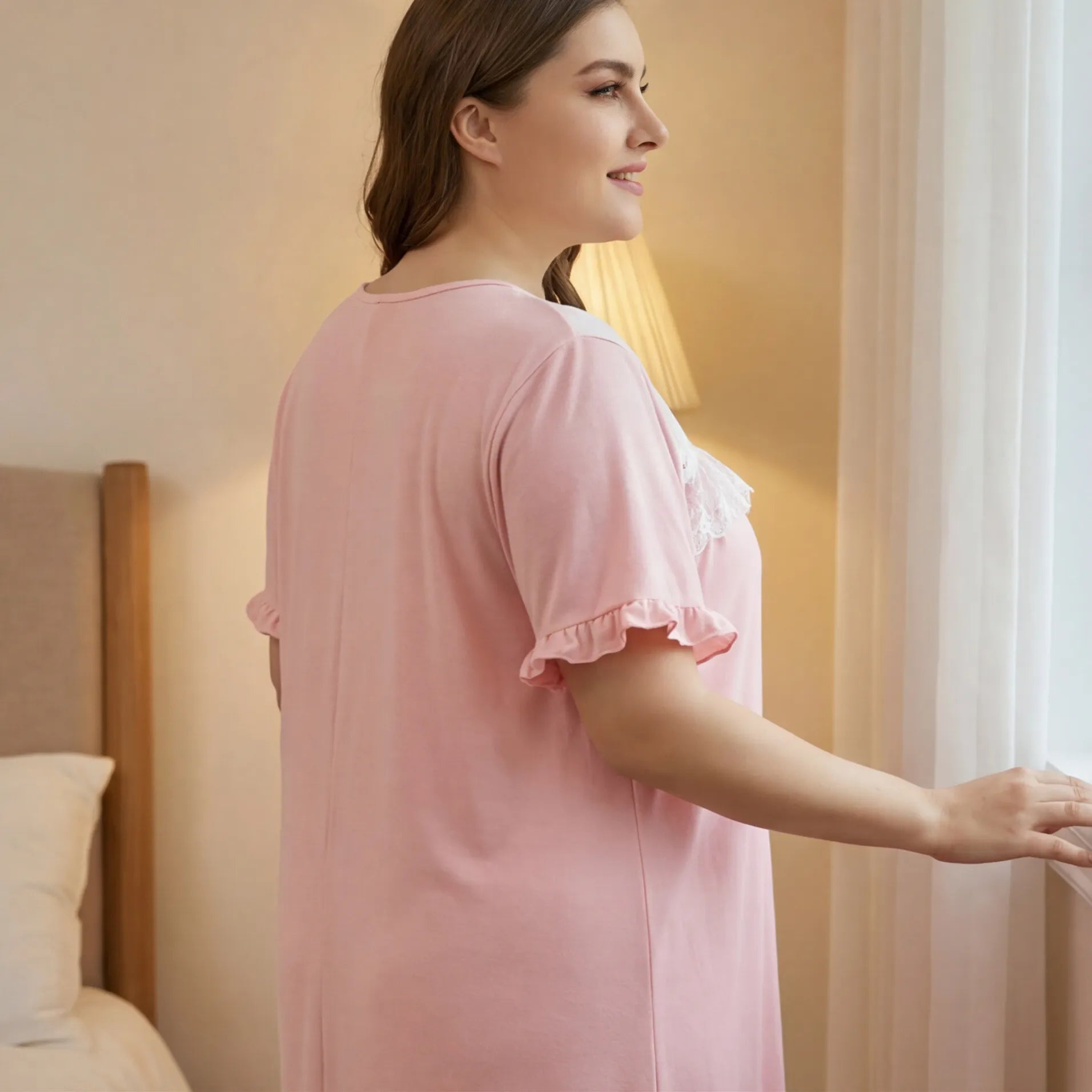 Oversized Pink Nightgown, Romantic Lace V-Neck Bow Decor Short Sleeve Maxi Sleep Dress