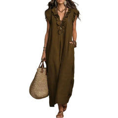 Deep V-Neck Ruffle Cap Sleeve Loose A-Line Maxi Dress