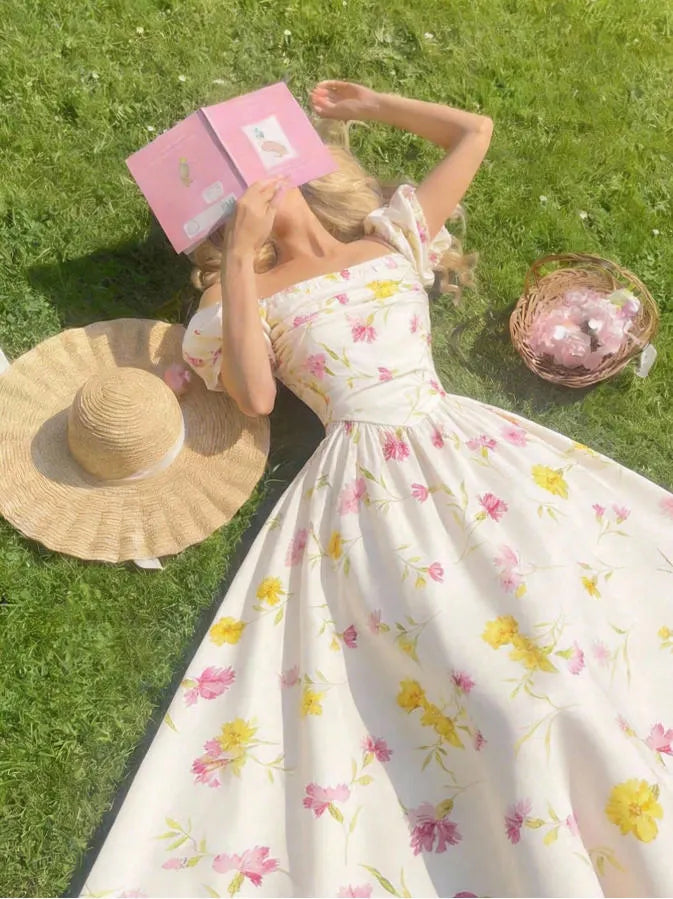 Floral Print Square Neck Off Shoulder Puff Short Sleeve High Waist A-Line Midi Dress