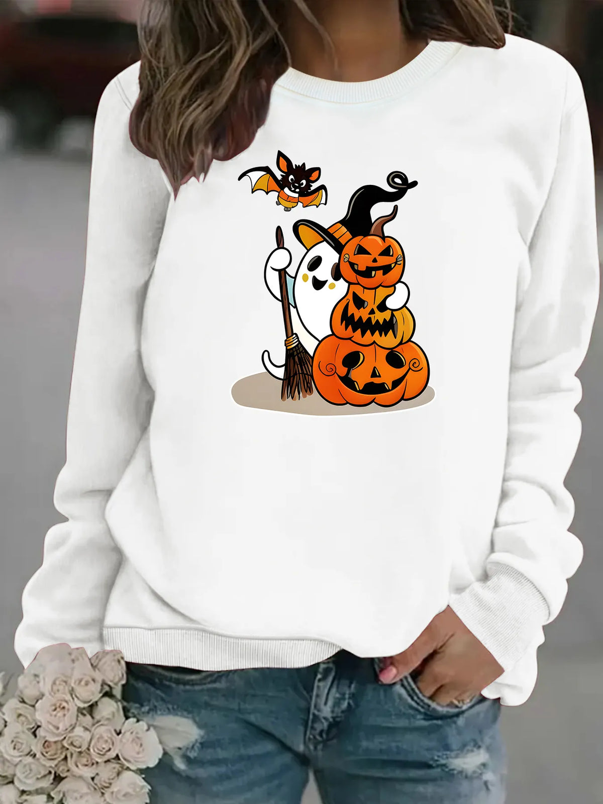 Halloween Ghost Pumpkin Bat Graphic Sweatshirt