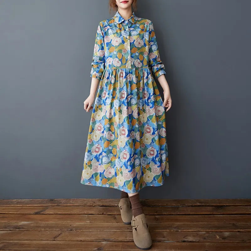 Floral Turn-Down Collar A-Line Midi Dress