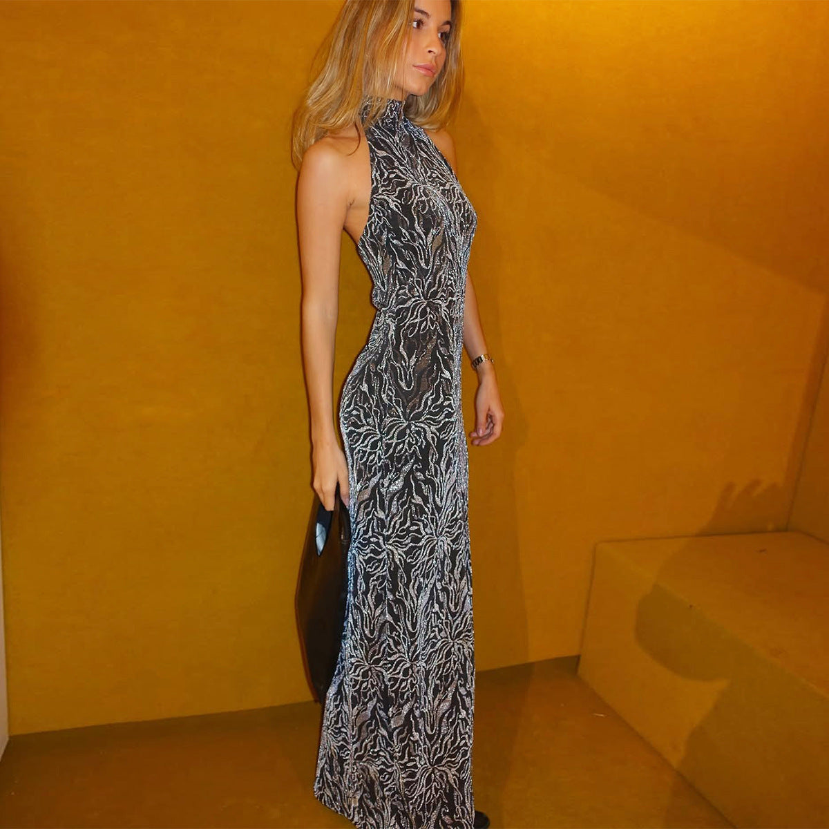 Printed Halter Neck Sleeveless Fishtail Maxi Dress