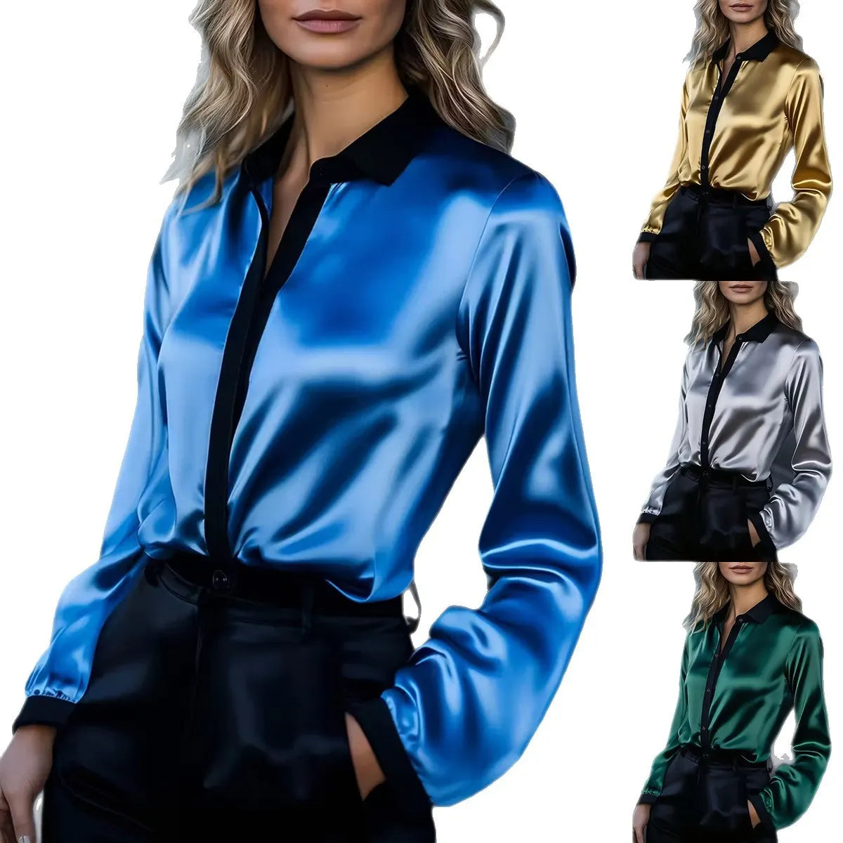 Contrast-Collar Satin Button-Down Shirt