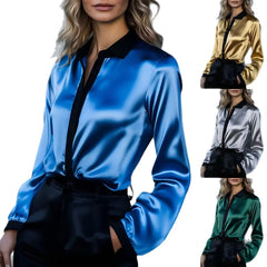 Contrast-Collar Satin Button-Down Shirt