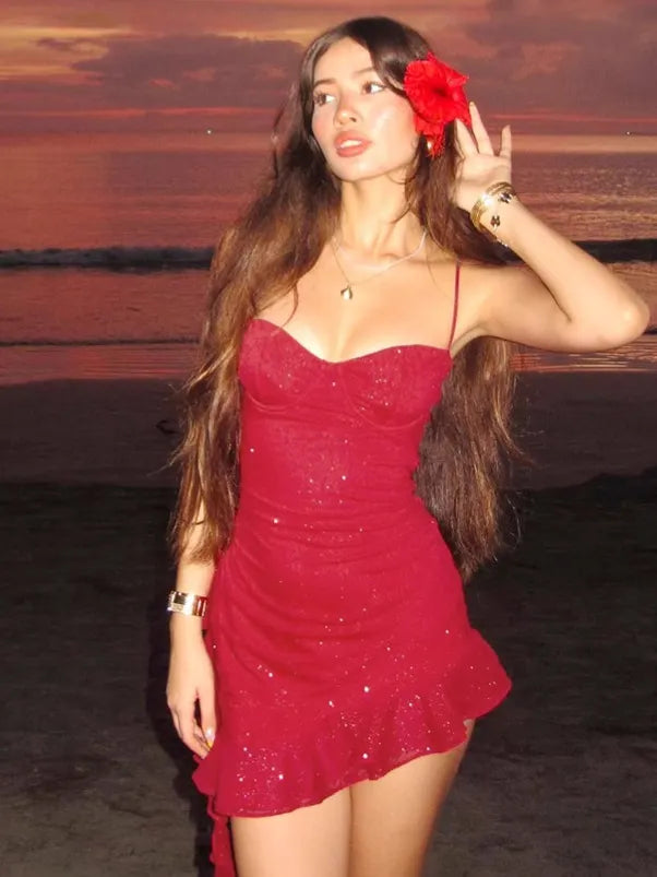 Glitter Ruched Ruffle Hem Spaghetti Strap Mini Dress