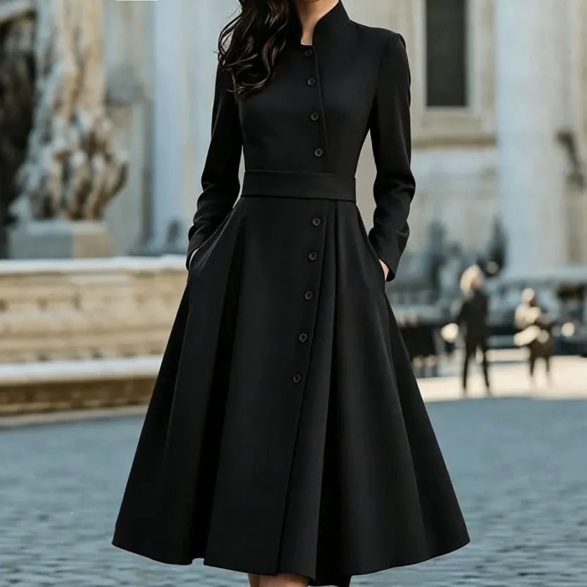 Burgundy Stand Collar Button Front Belted Midi Dress