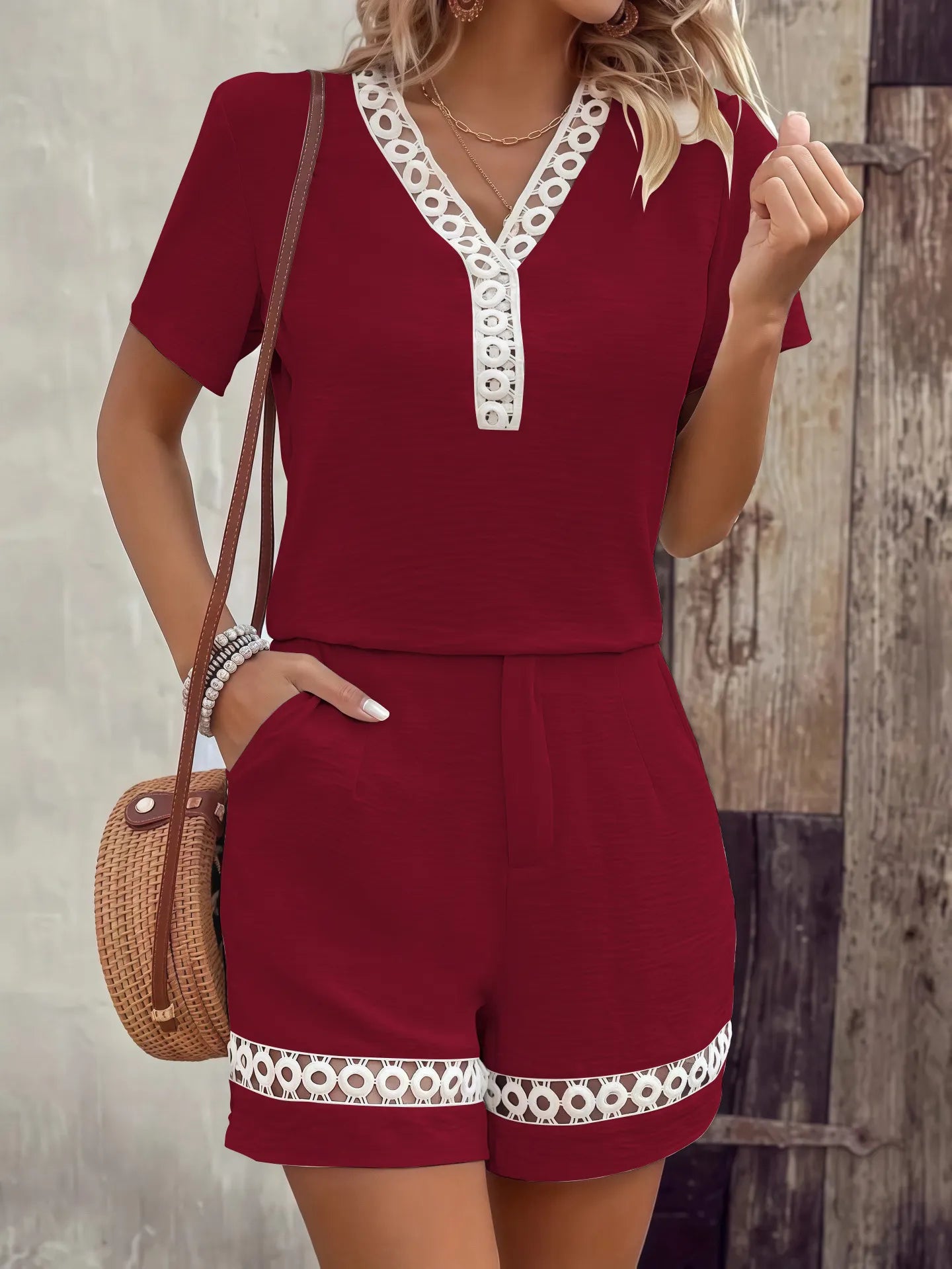 Lace Hollow Out V-Neck Top & Shorts Two-Piece Set