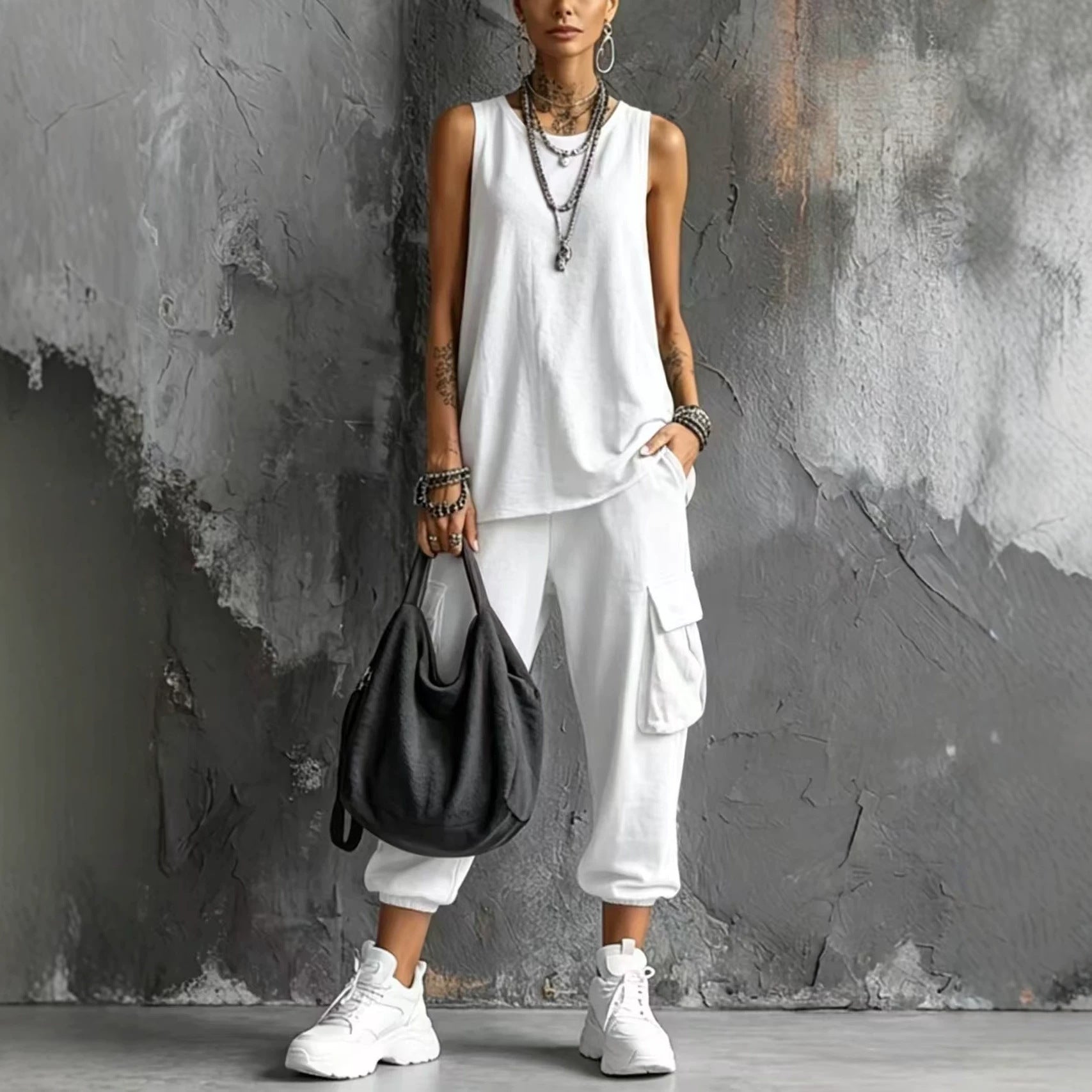 Dark Gray Sleeveless Tank & Cargo Pants Set