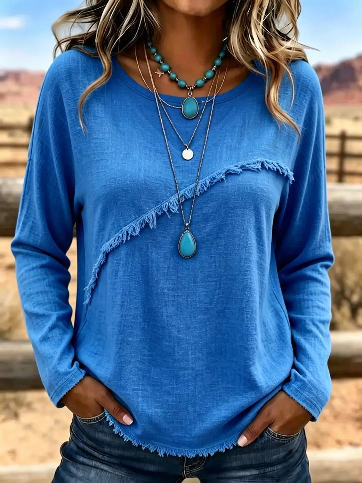 Crew Neck Diagonal Fringe Spliced Long Sleeve Polyester Casual Top