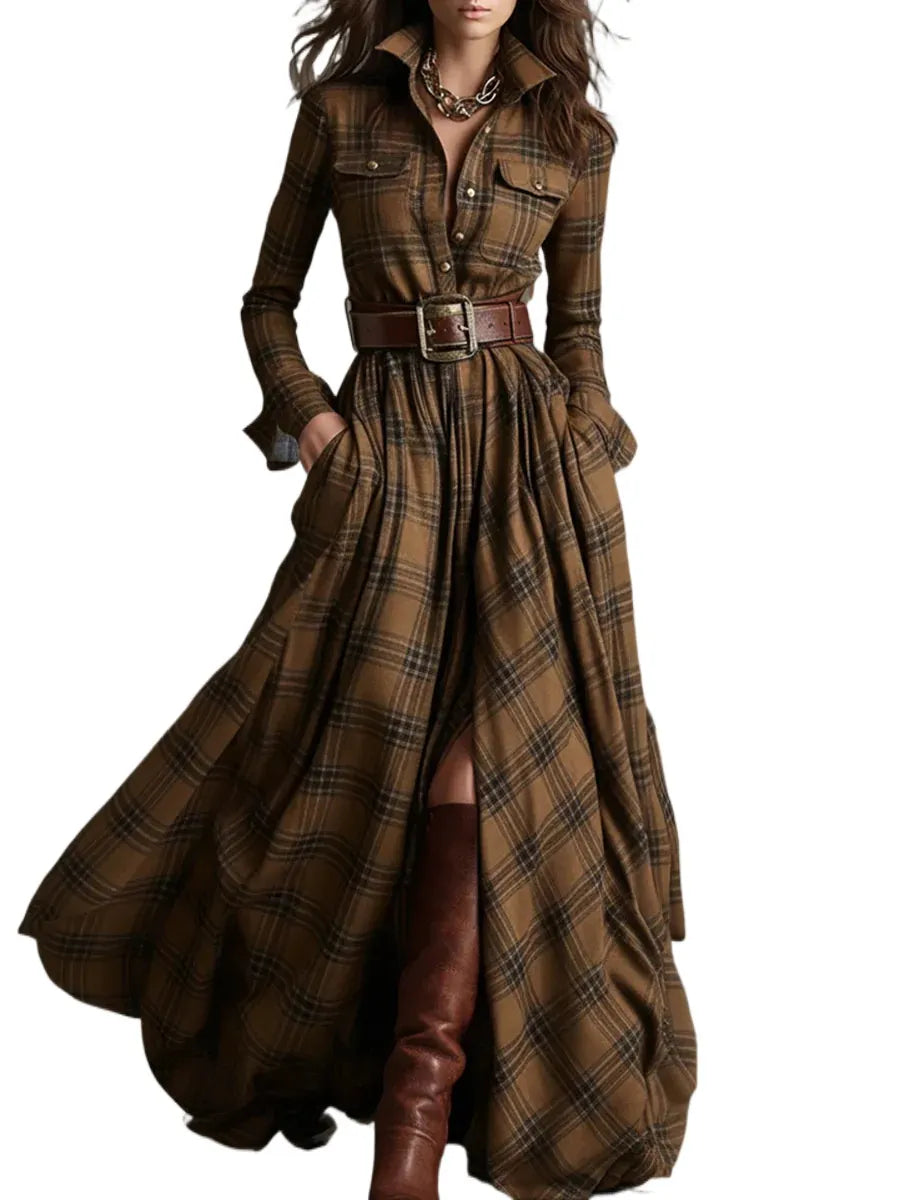 Brown Tartan Plaid Maxi Shirt Dress for Lapel Collar Pockets Waist Belted Fall Long Dress