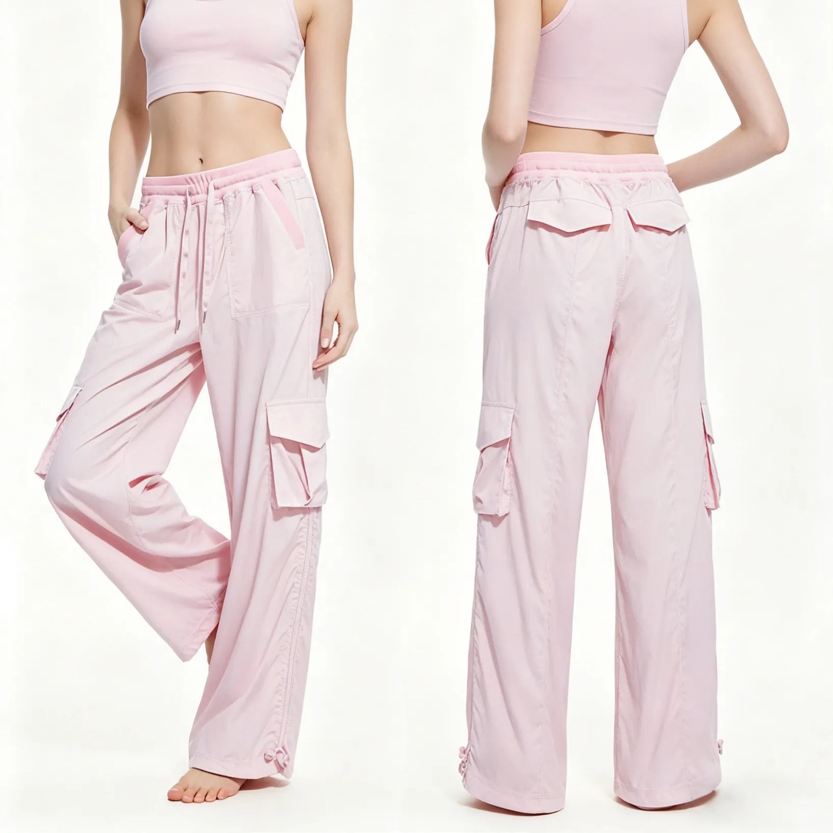 Matching Flowy Linen Look Drawstring Waist Multi Pocket Straight Cargo Street Casual Long Pants
