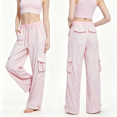Matching Flowy Linen Look Drawstring Waist Multi Pocket Straight Cargo Street Casual Long Pants