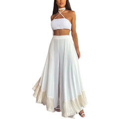 Boho High Waist Tassel Hem Flowy Wide Leg Palazzo Pants