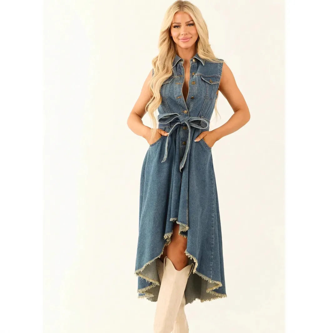 Lapel Sleeveless Single Breasted Belted Irregular Fringe Hem Denim Midi Dress