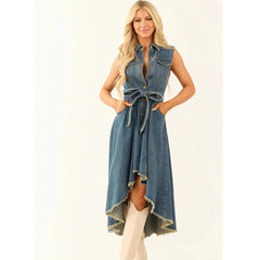 Lapel Sleeveless Single Breasted Belted Irregular Fringe Hem Denim Midi Dress
