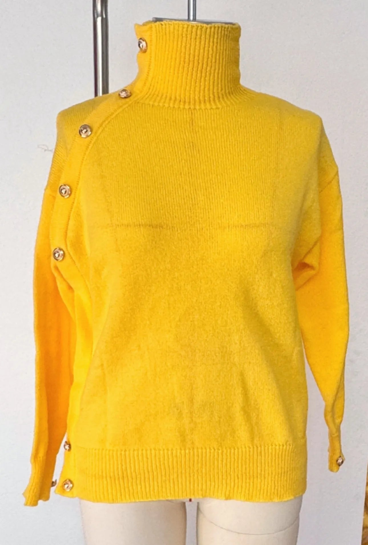 Chic Blue Turtleneck Knit Sweater, Statement Side Gold Buttons Casual Fall Winter Top