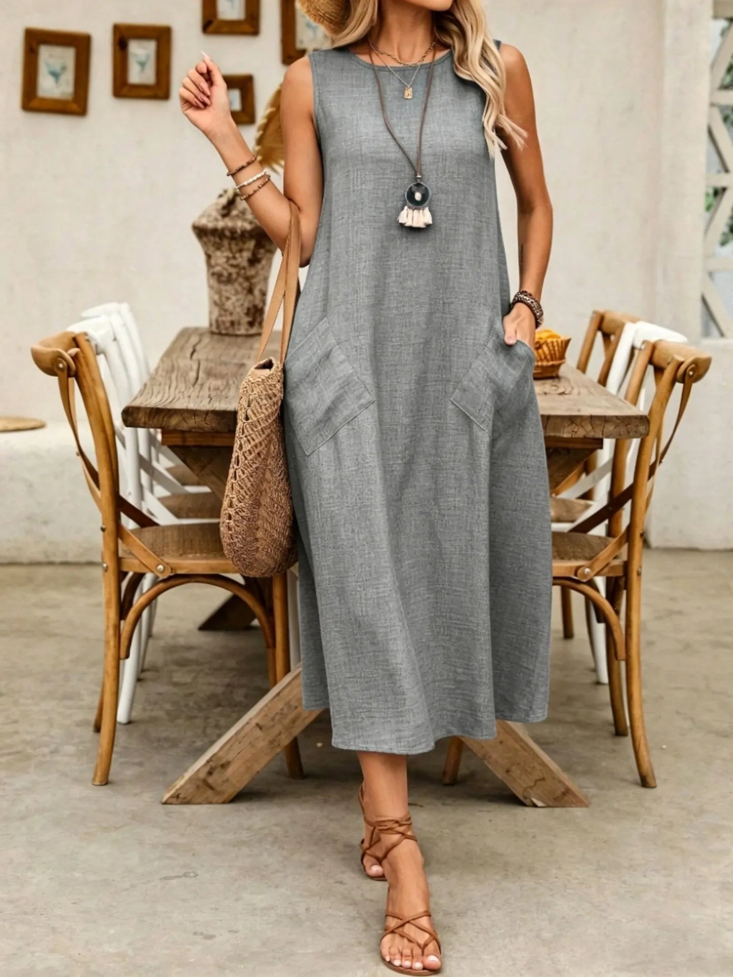 Solid Color Round Neck Sleeveless Loose A-Line Pocket Casual Maxi Dress