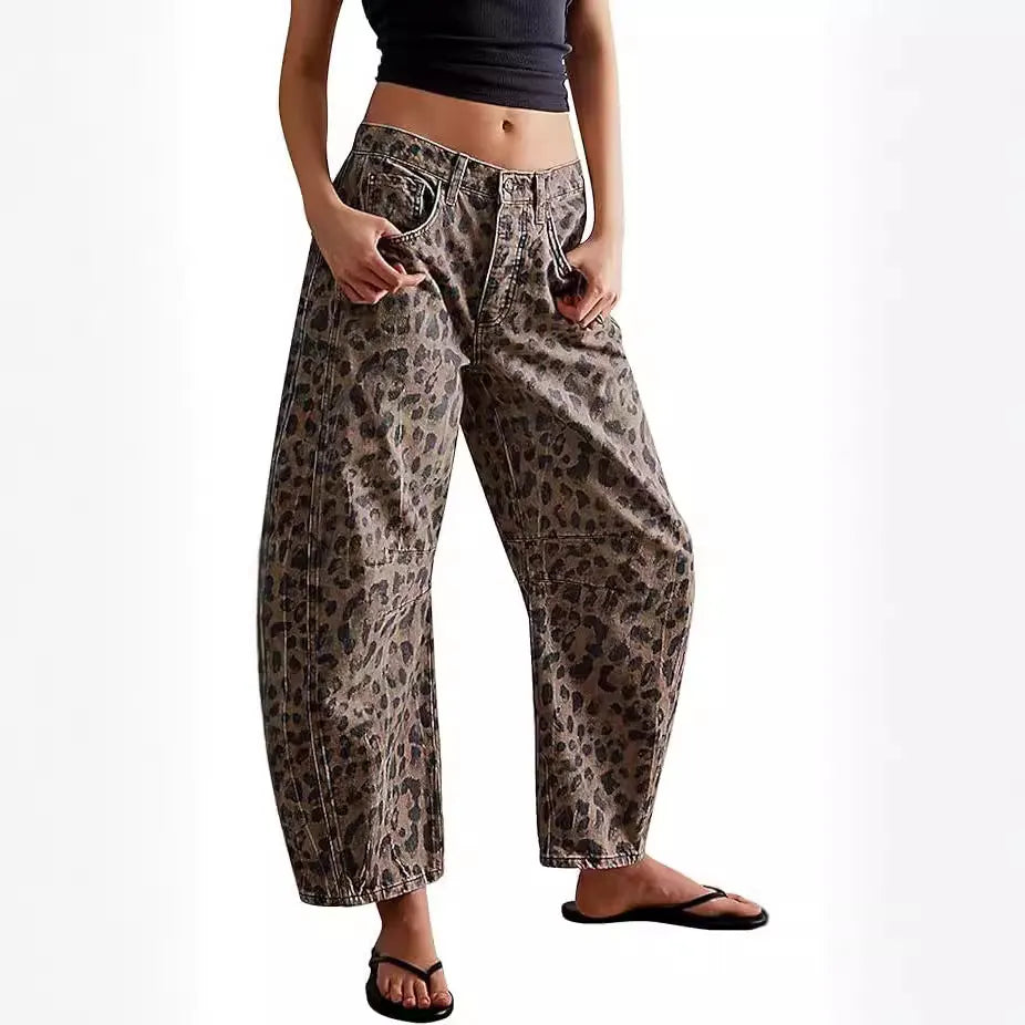 Leopard Print Loose Casual Wide Leg Jeans