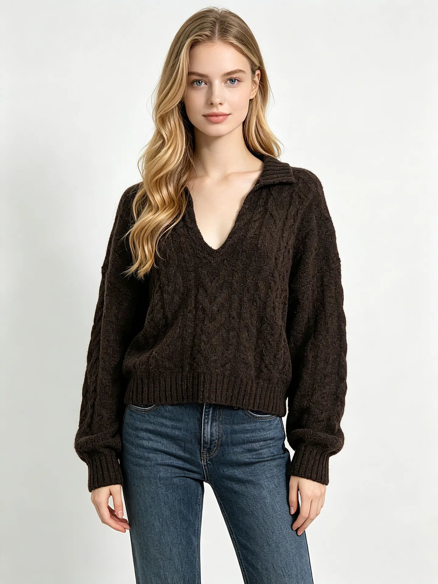 Cable Knit Polo V Neck Pullover Sweater