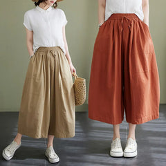 Elastic Waist Pocket Loose Wide Leg Cropped Casual Pants