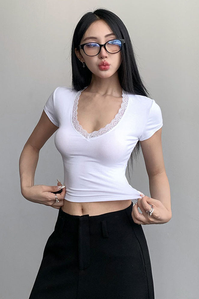 Lace V-Neck Short Sleeve Crop Top Tee