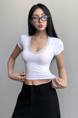 Lace V-Neck Short Sleeve Crop Top Tee