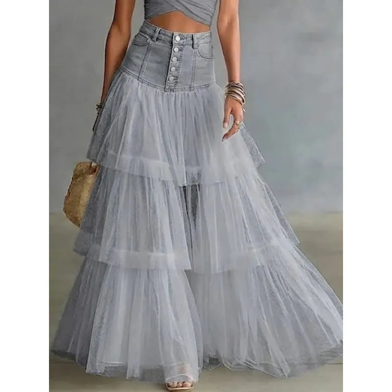 High Waist Denim Patchwork Tiered Tulle Maxi Skirt
