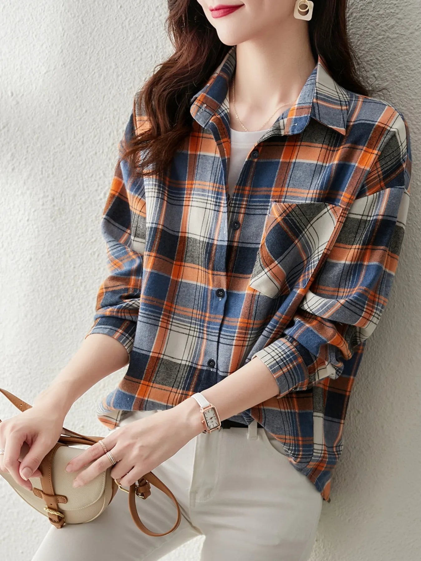 Fall Color Block Plaid Oversized Shirt, Button Front Long Sleeve Layering Blouse