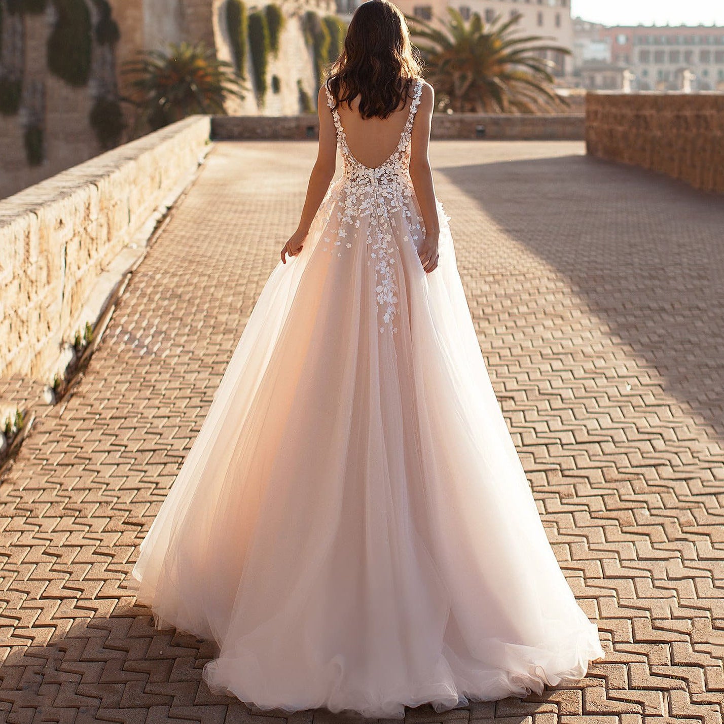 V-Neck 3D Floral Lace Wedding Dress, Sleeveless A-Line Tulle Bridal Gown