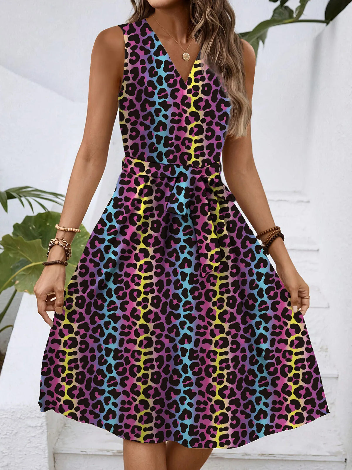 Colorful Leopard Print V-Neck Sleeveless Belted A-Line Midi Dress Casual Campus Daily Dress