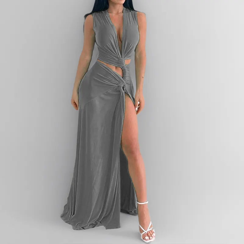 Sleeveless Deep V Hollow Cutout Maxi Dress, Solid Color Irregular Slim Long Dress