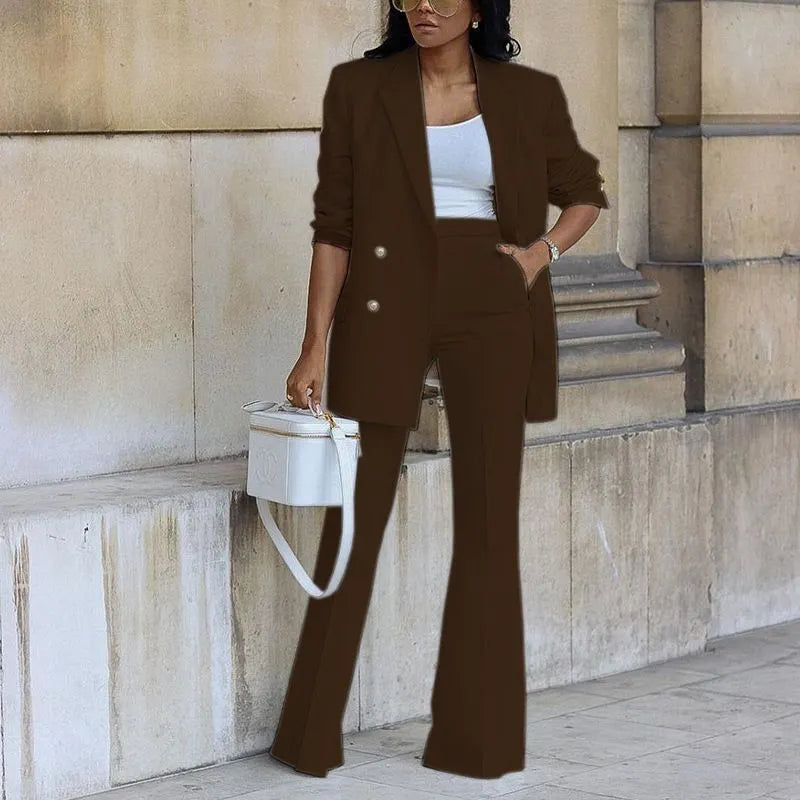 Double Breasted Blazer & High Waist Flared Pants Two Piece Commuter Suit Set