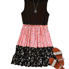 Crew Neck Sleeveless Color Block Floral Patchwork Ruffle Tiered Mini Dress
