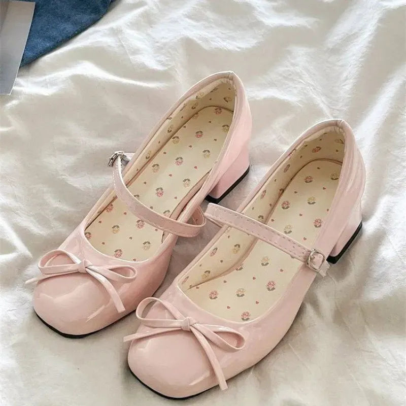 Coquette Pink Mary Jane Shoes, Floral Insole Bow Detail Low Block Heel Dress Footwear