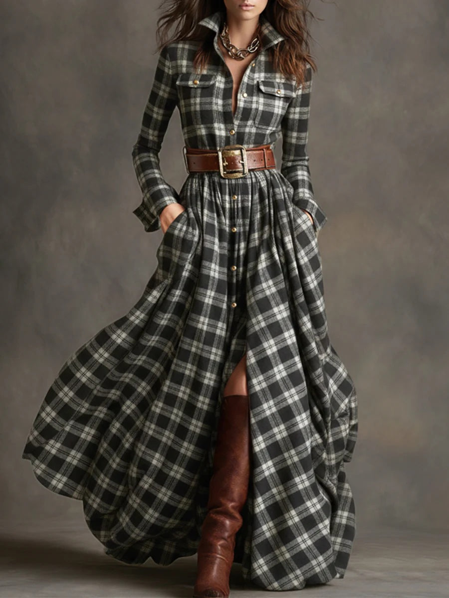Vintage Western Tartan Plaid Maxi Dress for Collared Long Sleeve Flowy A Line Shirt Dress