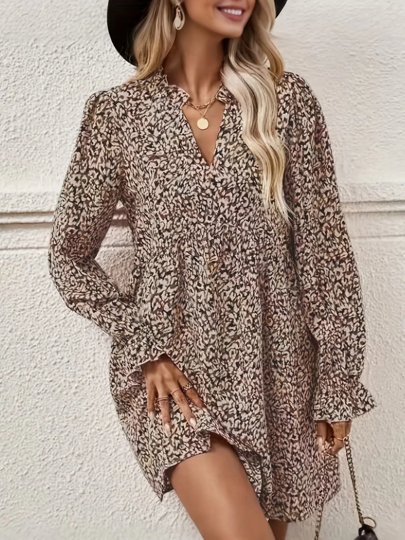 Abstract Print V Neck Long Sleeve Pleated A-Line Mini Dress