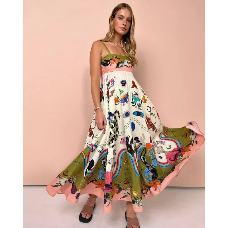 Whimsical Art Print Spaghetti-Strap Maxi Dress