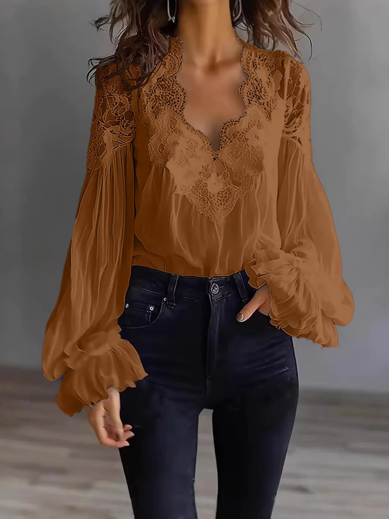 Lace Trim V-Neck Bubble Sleeve Blouse