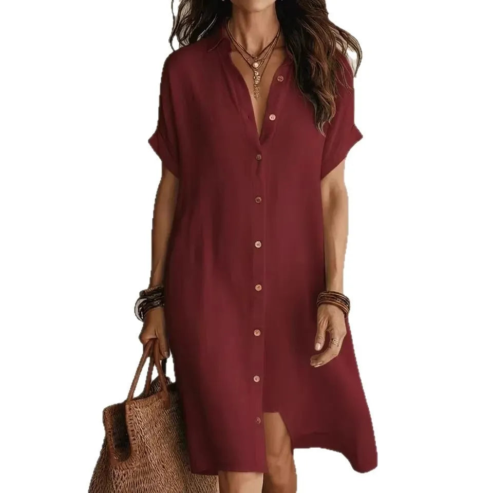 Lapel Cuff Sleeve Button Front Linen Shirt Midi Dress