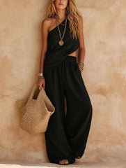 Diagonal Halter Wrap Top + Elastic Wide Leg Pants Two-piece Set