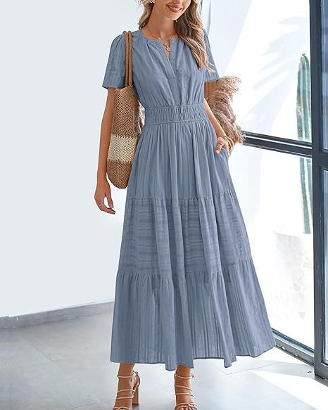 V-Neck Smocked Waist Tiered Maxi Dress