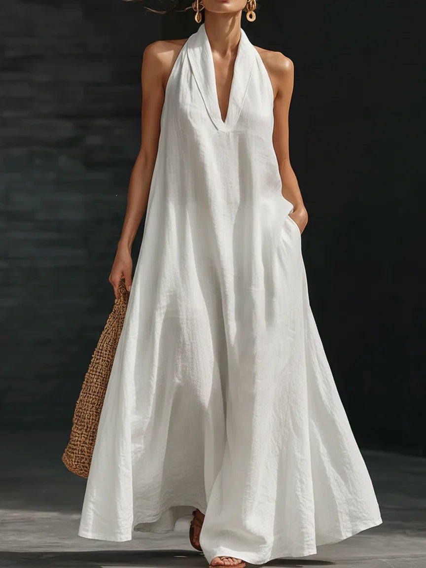 Solid Color Halter Neck A-Line Maxi Dress