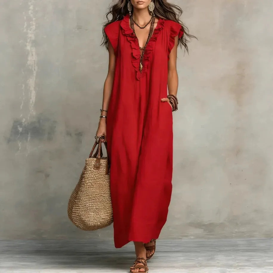 Deep V-Neck Ruffle Cap Sleeve Loose A-Line Maxi Dress