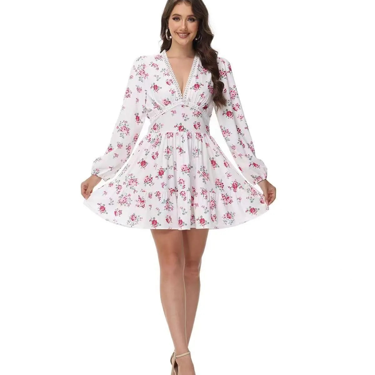 Sweet Floral V-Neck Bubble Sleeve A-Line Mini Dress Loose Waist Lightweight Campus Daily Dress
